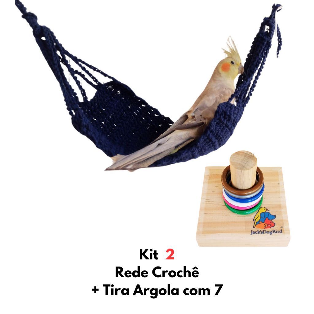 Kit 2 Brinquedos Rede Redinha De Croche + Tira Argola com 7 Para Gaiola Calopsita Peri