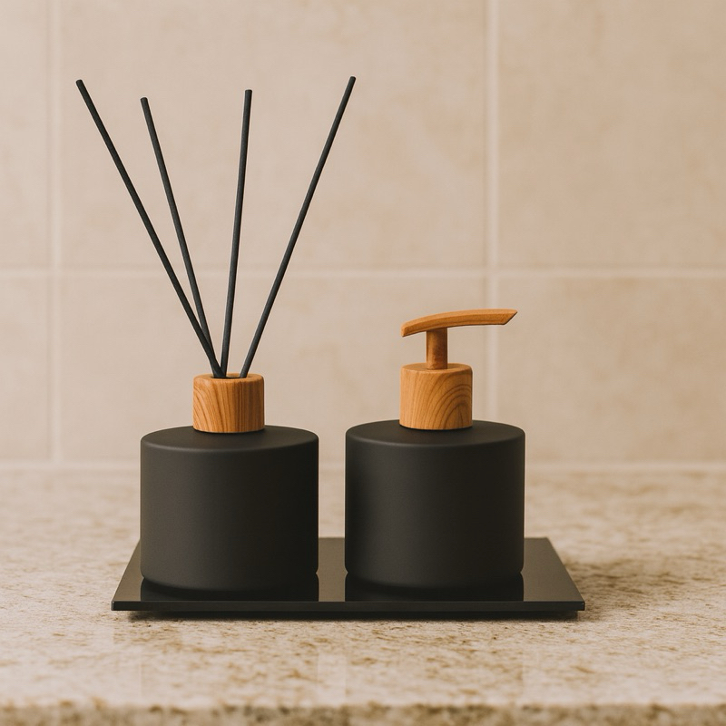 Kit Lavabo Picolo Preto Fosco Difusor e Saboneteira Elegante Requinte Luxo