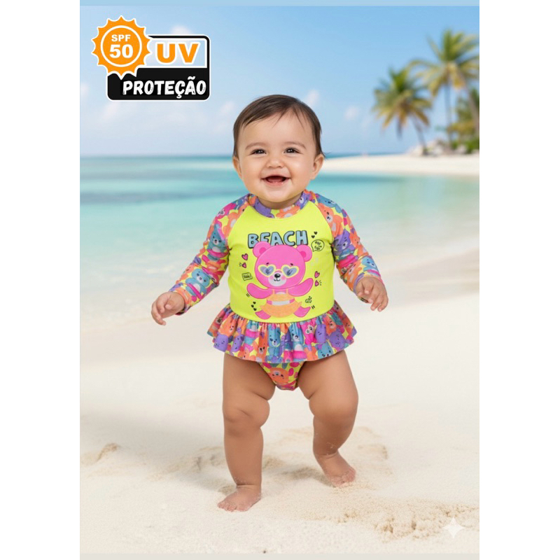 Maiô Infantil Proteção Solar UV Menina Praia Piscina Manga Longa Moranguinho