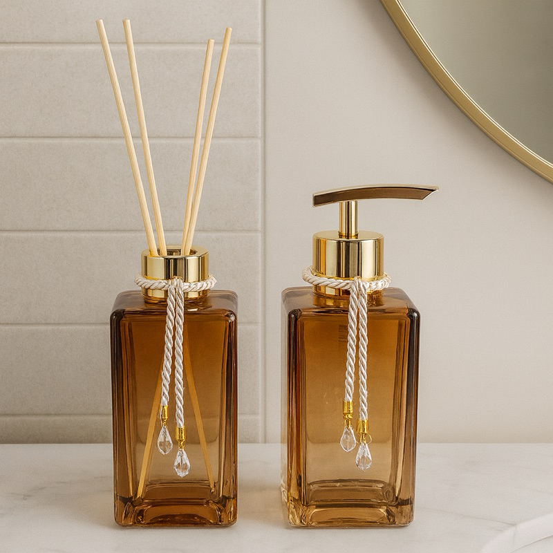 Kit Vidros Banheiro Luxuoso Degradê Completo com Sabonete E Difusor de Varetas