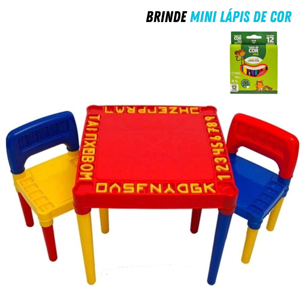 Mesinha Mesa Didática Infantil 2 Cadeiras Tritec - Brinde Caixa Mini Lápis de Cor - Envio Imediato