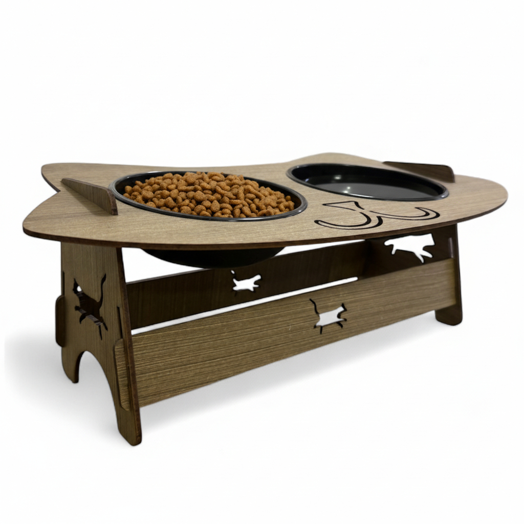 Comedouro Premium para Gatos MDF – Suporte Duplo com Tigelas de Plastico e Estilo Gatinho