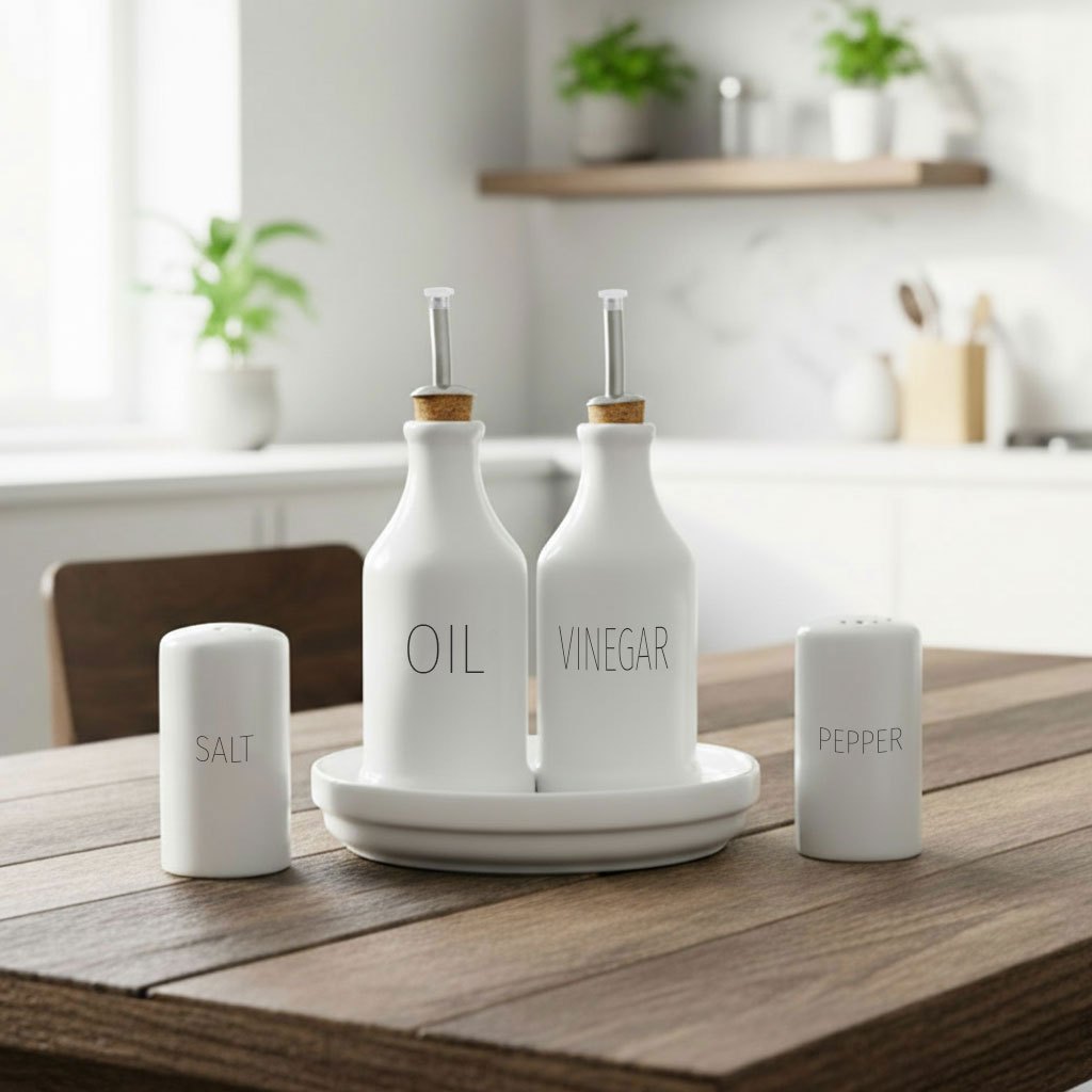 Conjunto Galheteiro Porcelana Bandeja Redonda Decorado Words