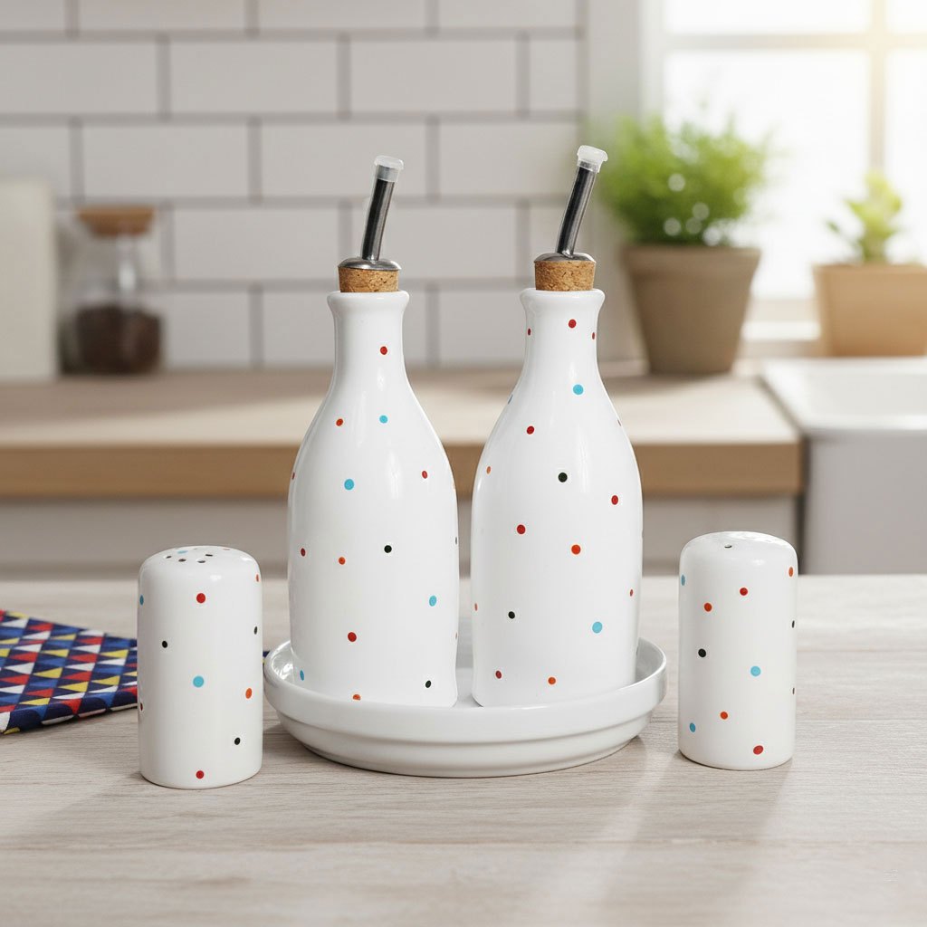 Conjunto Galheteiro Porcelana Bandeja Redonda Branco Poá