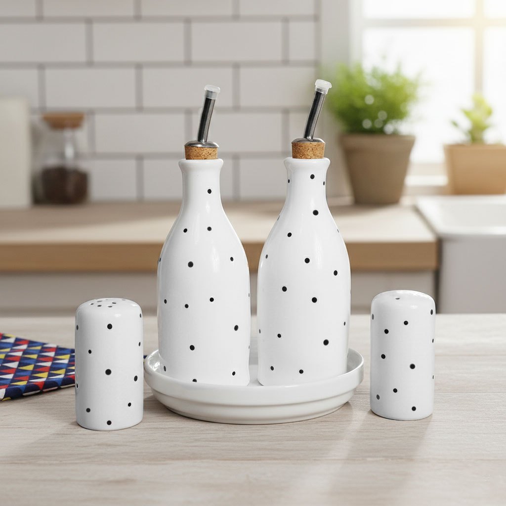 Conjunto Galheteiro Porcelana Bandeja Redonda Branco Poá Preto