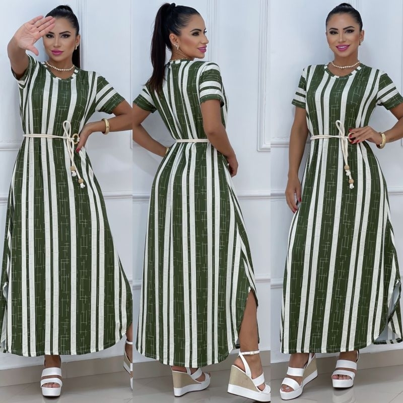 Vestido Longo De Manga Curta Com Fendas Nas Laterais Malha Romantic Fresquinha Veste 38-50 em Oferta na Shopee