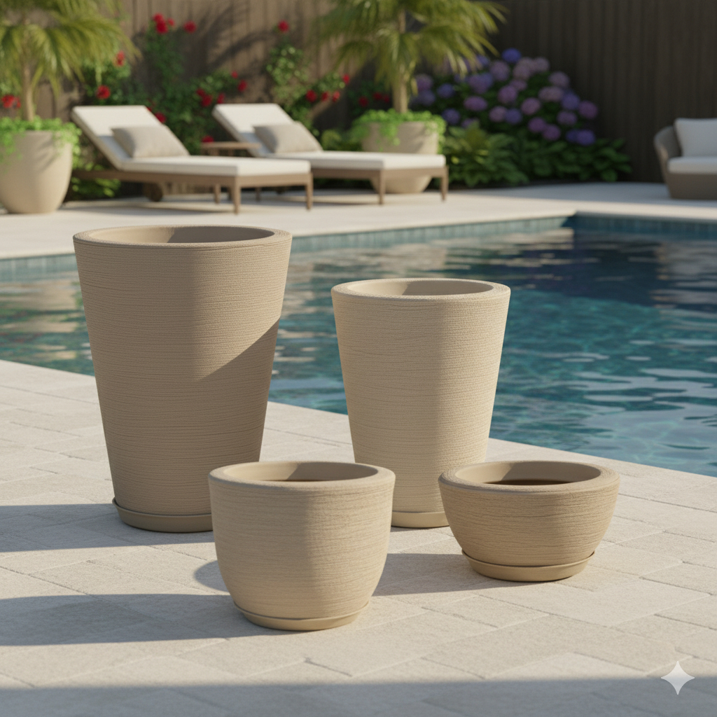 Kit 4 Vasos Polietileno Texturizados Planta, Flor, Jardim, Coluna Redonda N1 N2 + Bojo N1+ Bacia N1 com Pratos