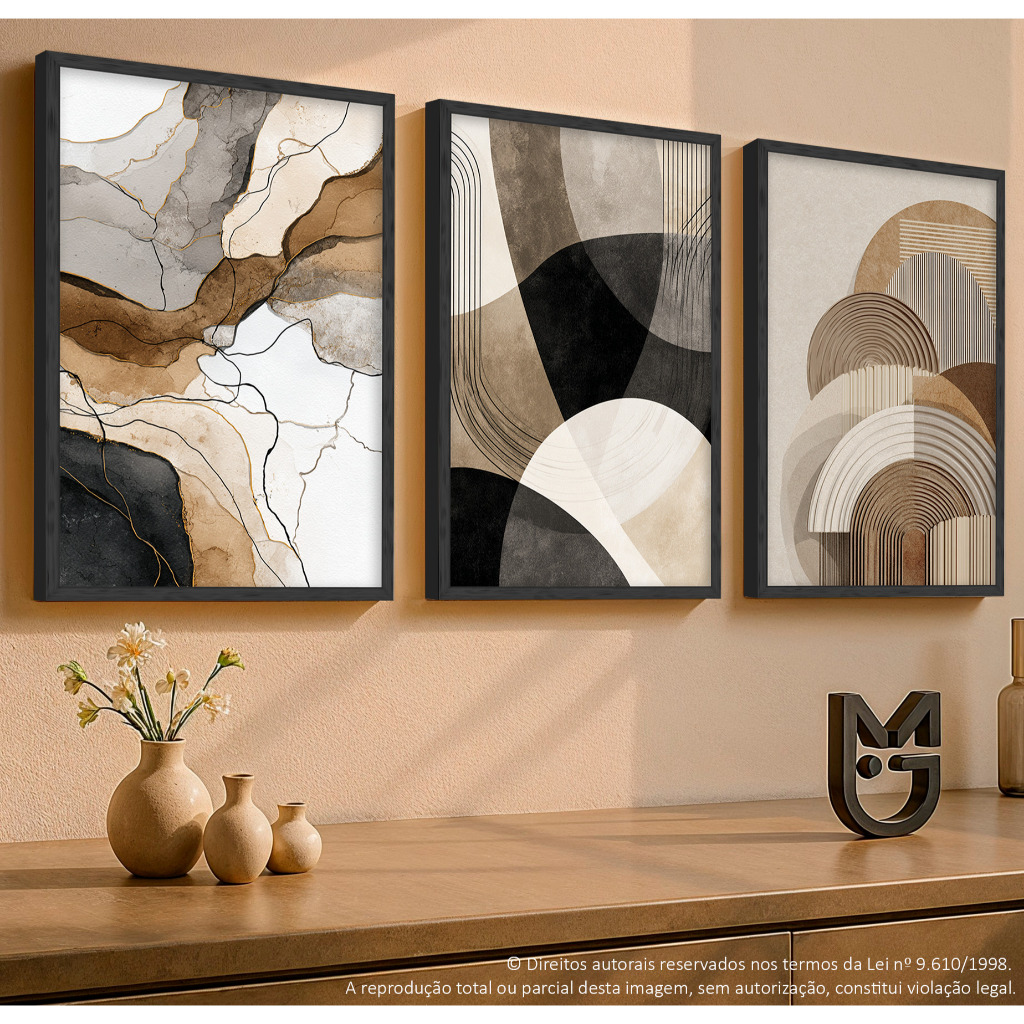 Quadro Decorativo Abstrato Geométrico Marrom Preto Decoração Sala Quarto Escritório