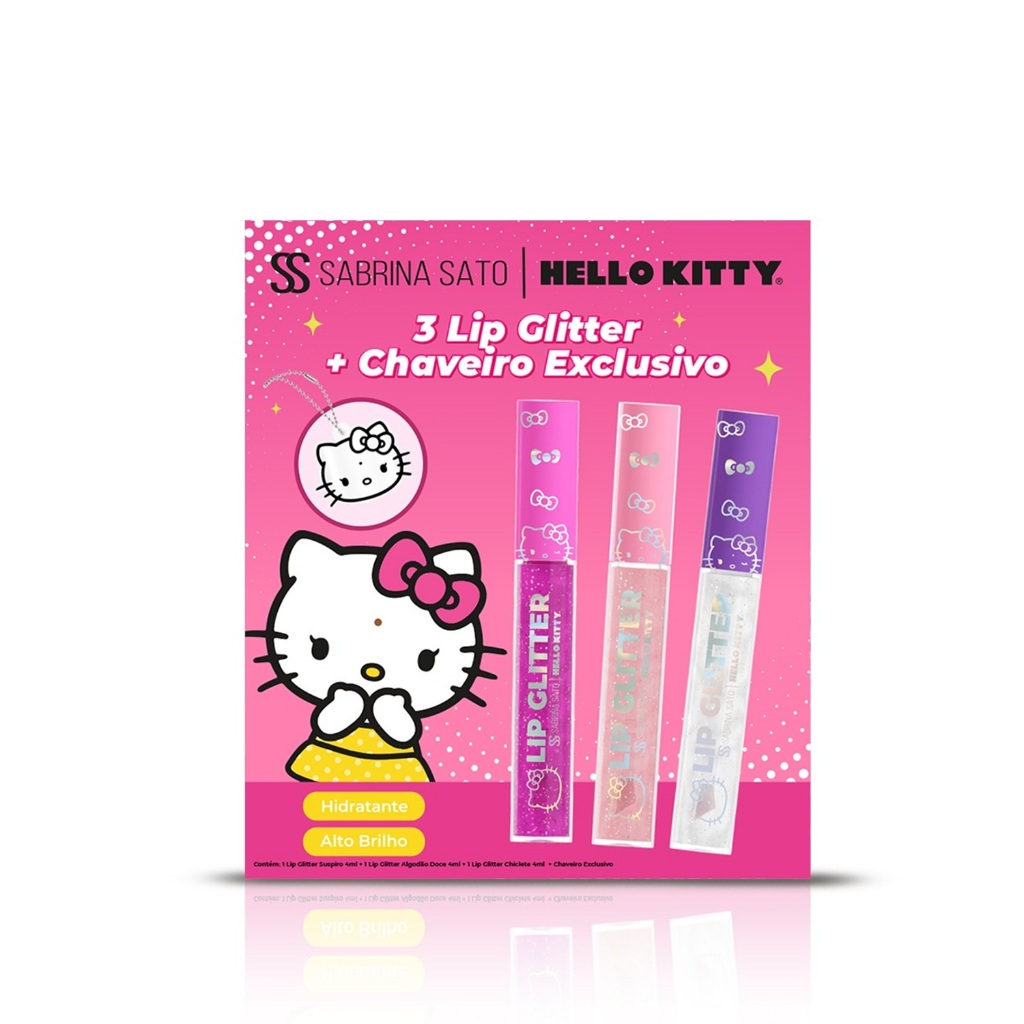 Kit  Com 3 Lip Glitters + Chaveiro Espelhado Hello Kitty C/7 Óleos Vegetais, sab