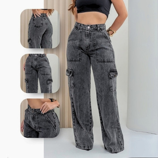 Calça Cargo Feminina Jeans Bolso Lateral Wid Leg 34 ao 44 Pantalona Cintura Alta em Oferta na Shopee