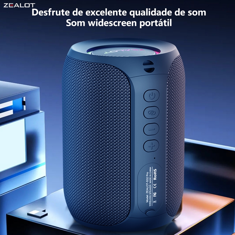 Caixa de Som ZEALOT-S32 PRO 10W | RGB, IPX5, 3600mAh, Alça Anti-Perda, TWS, Bluetooth 5.4