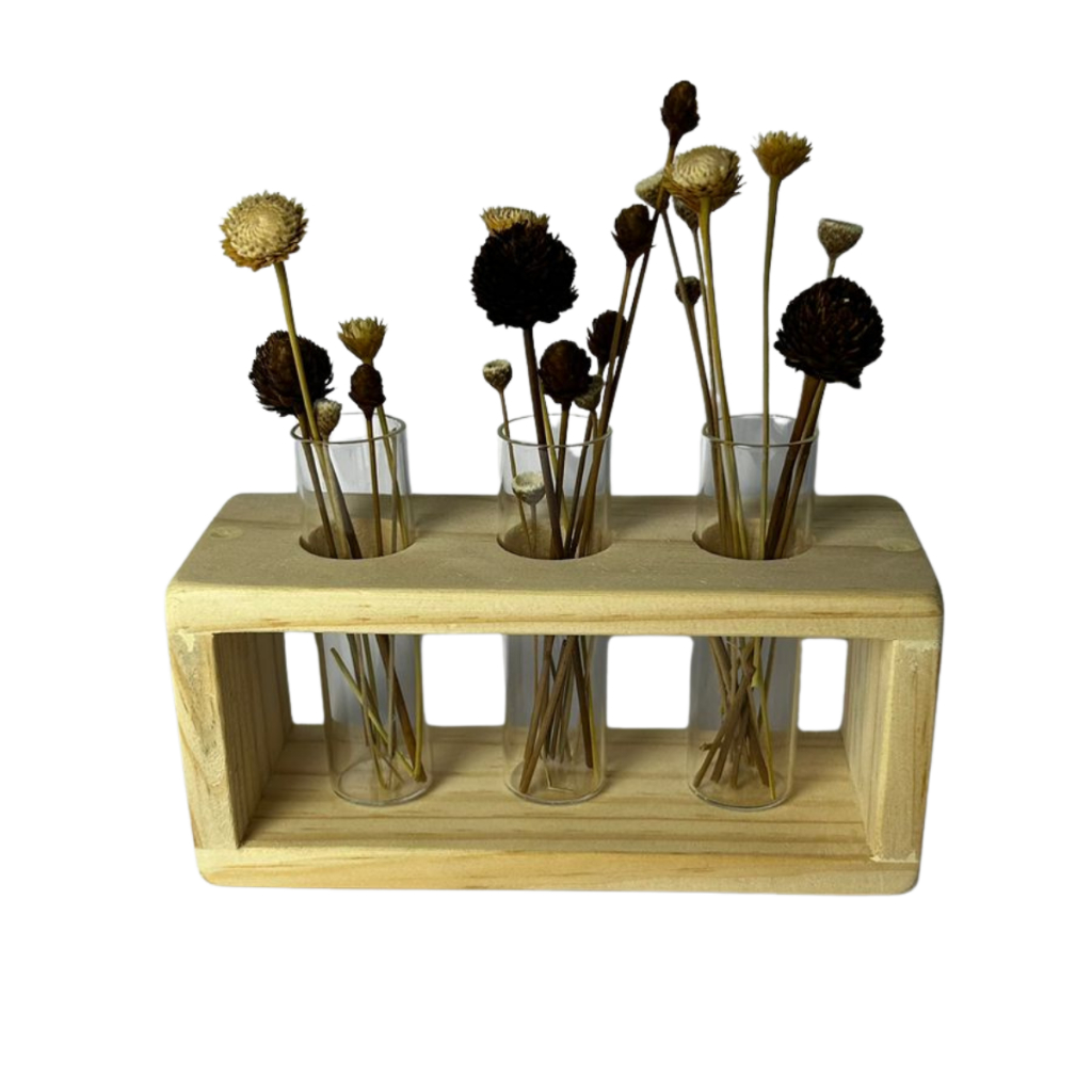 Vasinho Para Plantas Em Pinus Natural Com Três Tubos de Vidro Mini Vaso Planta 15x7x6cm