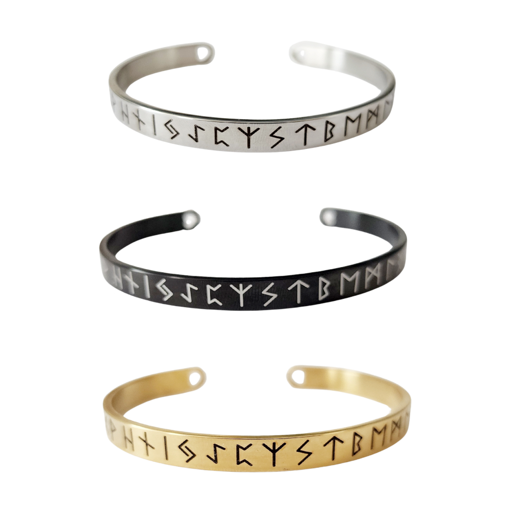 1 Bracelete Pulseira Runas Nórdicas Vikings Prata Dourado e Preto 6 mm Aço Inoxidável Unissex