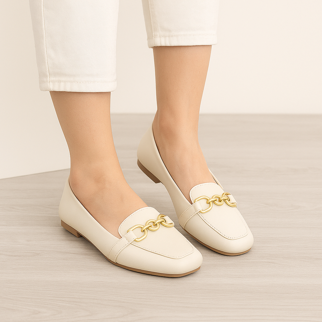 Mocassim Feminino Detalhe Corrente ABS Elegante Luxo Confortável Moda Casual Dia a Dia Trabalho Casual