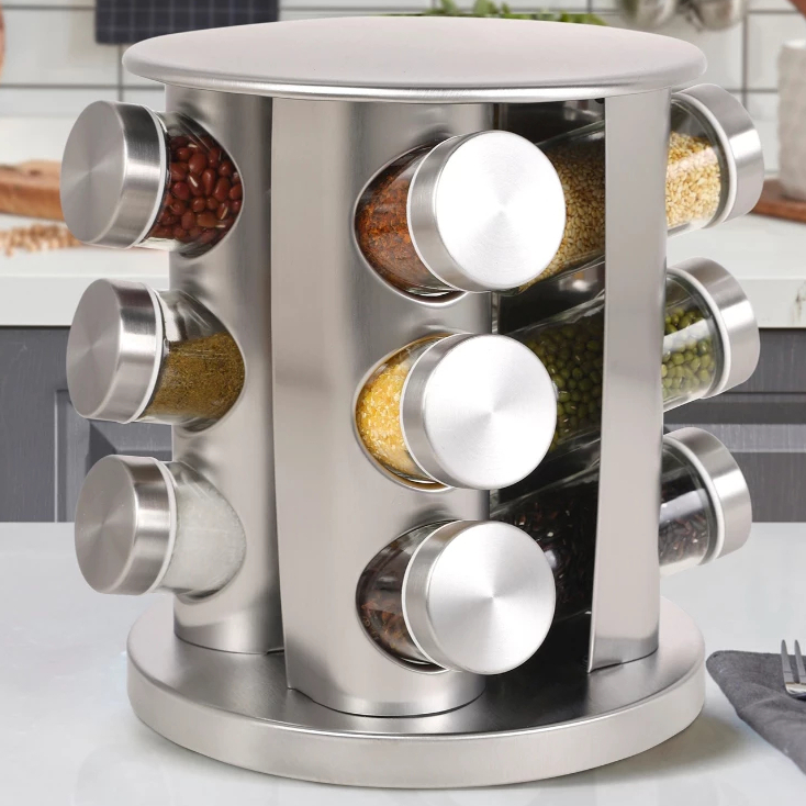 Porta Tempero Condimento Inox 12 Potes De Vidro Com Suporte Giratório