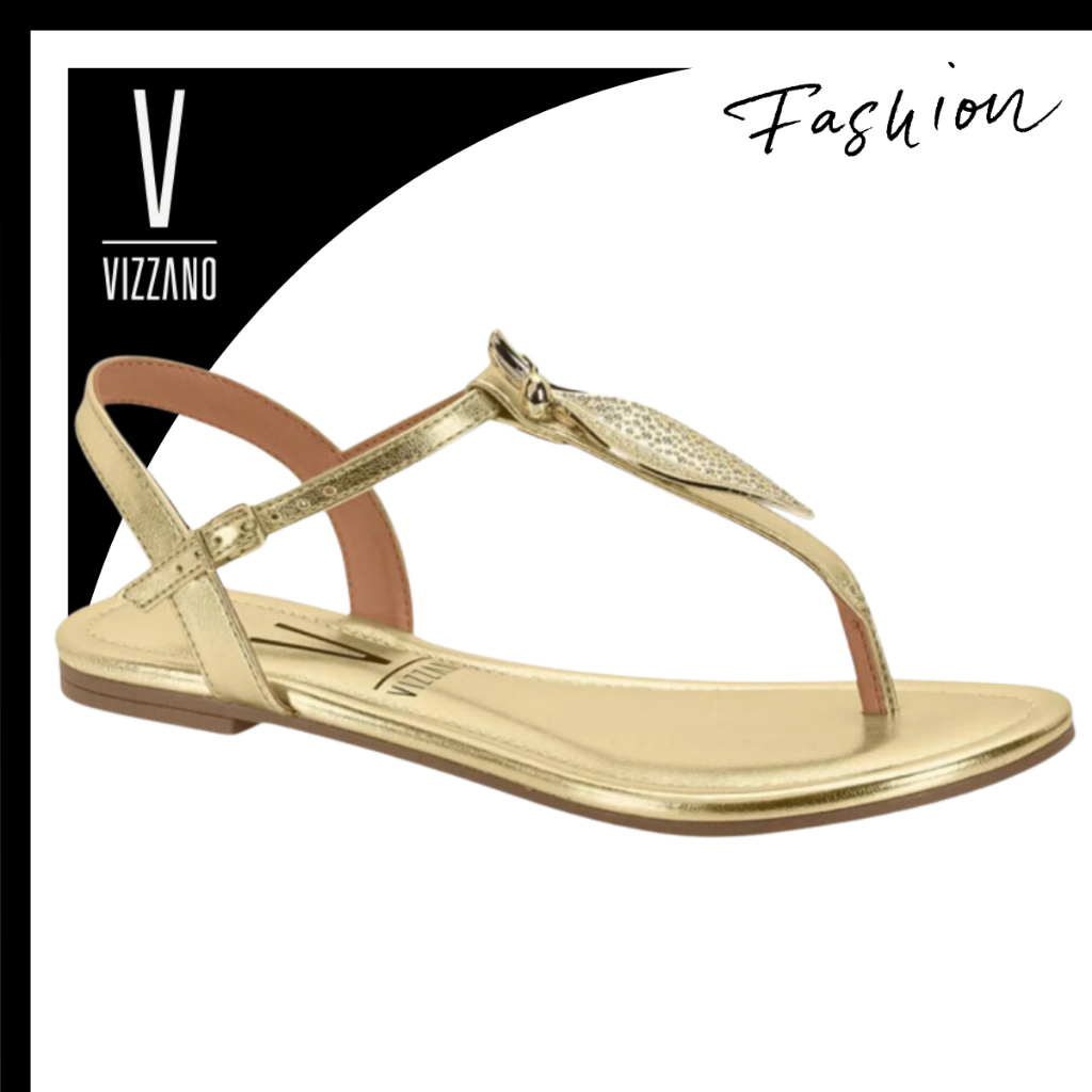 Sandália Rasteira Vizzano Metalizada Dourada Detalhe Folha Rasteirinha Feminina Confortável