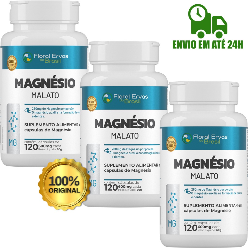 Kit Com 3x Magnésio Malato 600mg Floral Ervas - 360 Caps em Oferta na Shopee