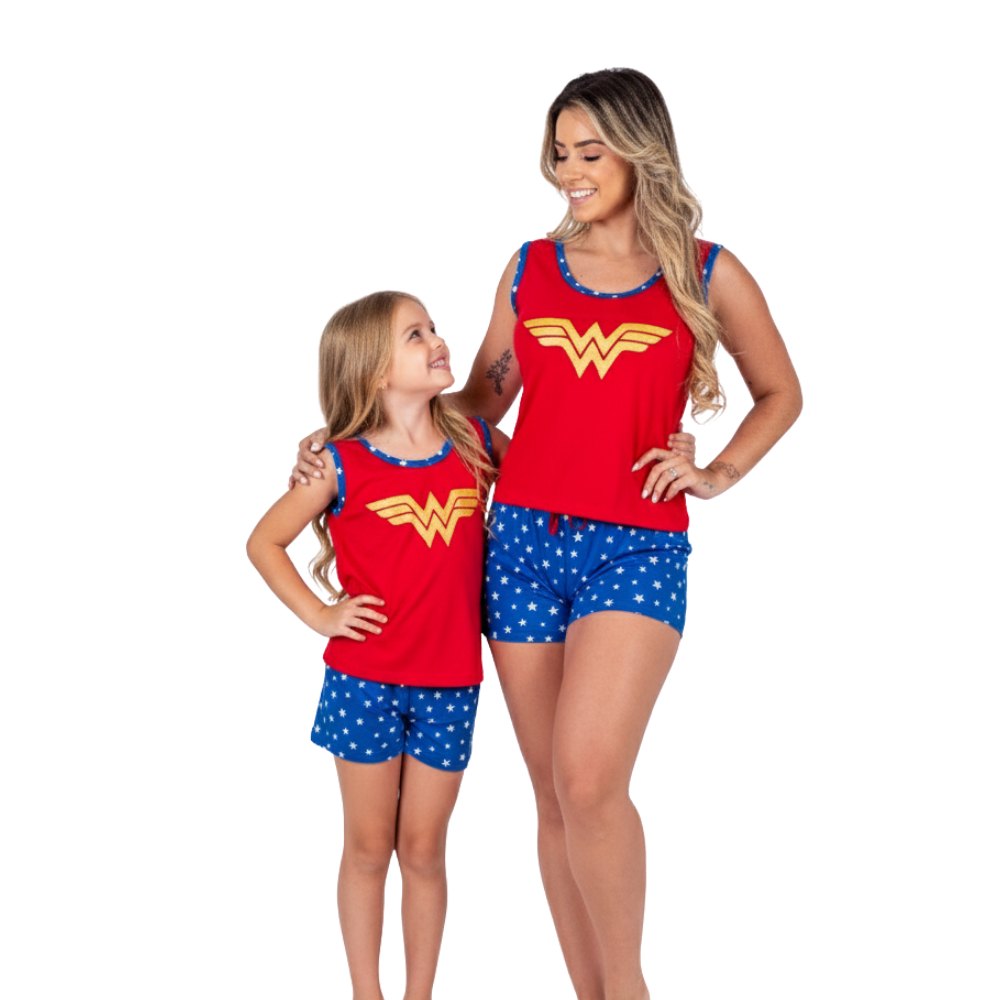 Kit 2 Pijamas Mulher Maravilha Mae E Filha Longo Curto Baby Doll