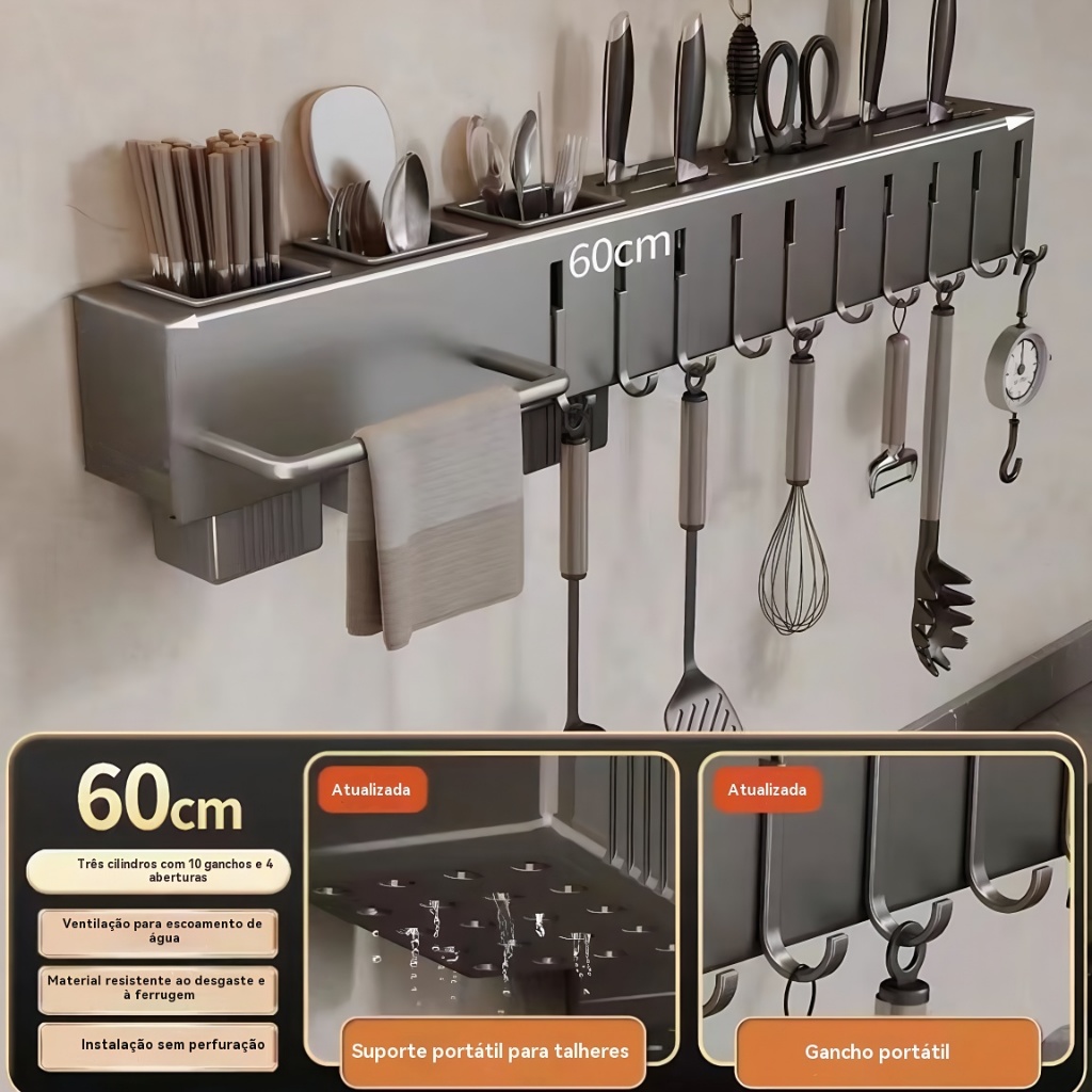 60cm Suporte Para Armazenamento De Facas Ganchos Talheres Utensílios De Cozinha De Ferro