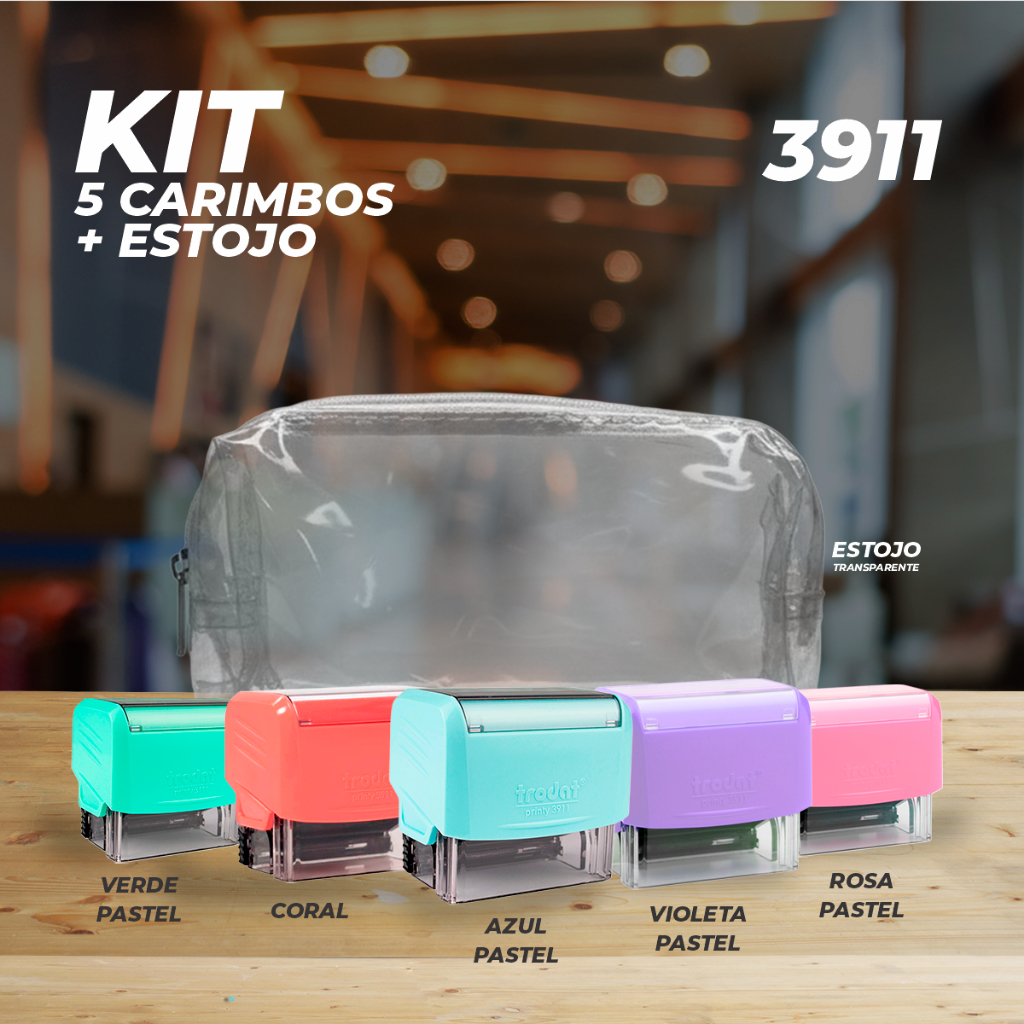 KIT CARIMBO 3911 TRODAT-TONS PASTEIS-VIOLETA-ROSA-VERDE-AZUL E COR CORAL