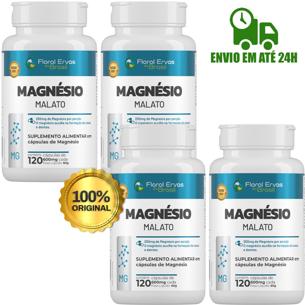 Kit Com 4x Magnésio Malato 600mg Floral Ervas - 480 Caps em Oferta na Shopee