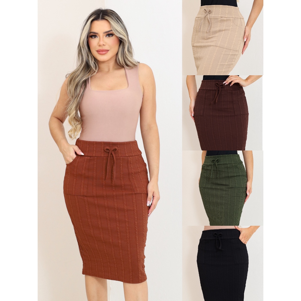 ZAVA Listras Saia Secretaria com Bolsos Frontais Cintura com cordão Anarrugão em Oferta na Shopee