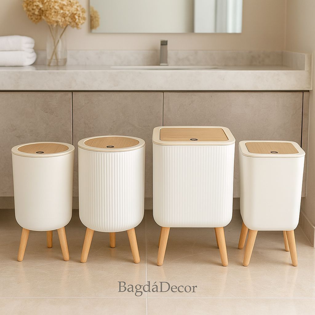 Lixeira De Plástico 9/8 Litros Branca Com Pés De Bambu Com Tampa Click De Pressão Cozinha Banheiro