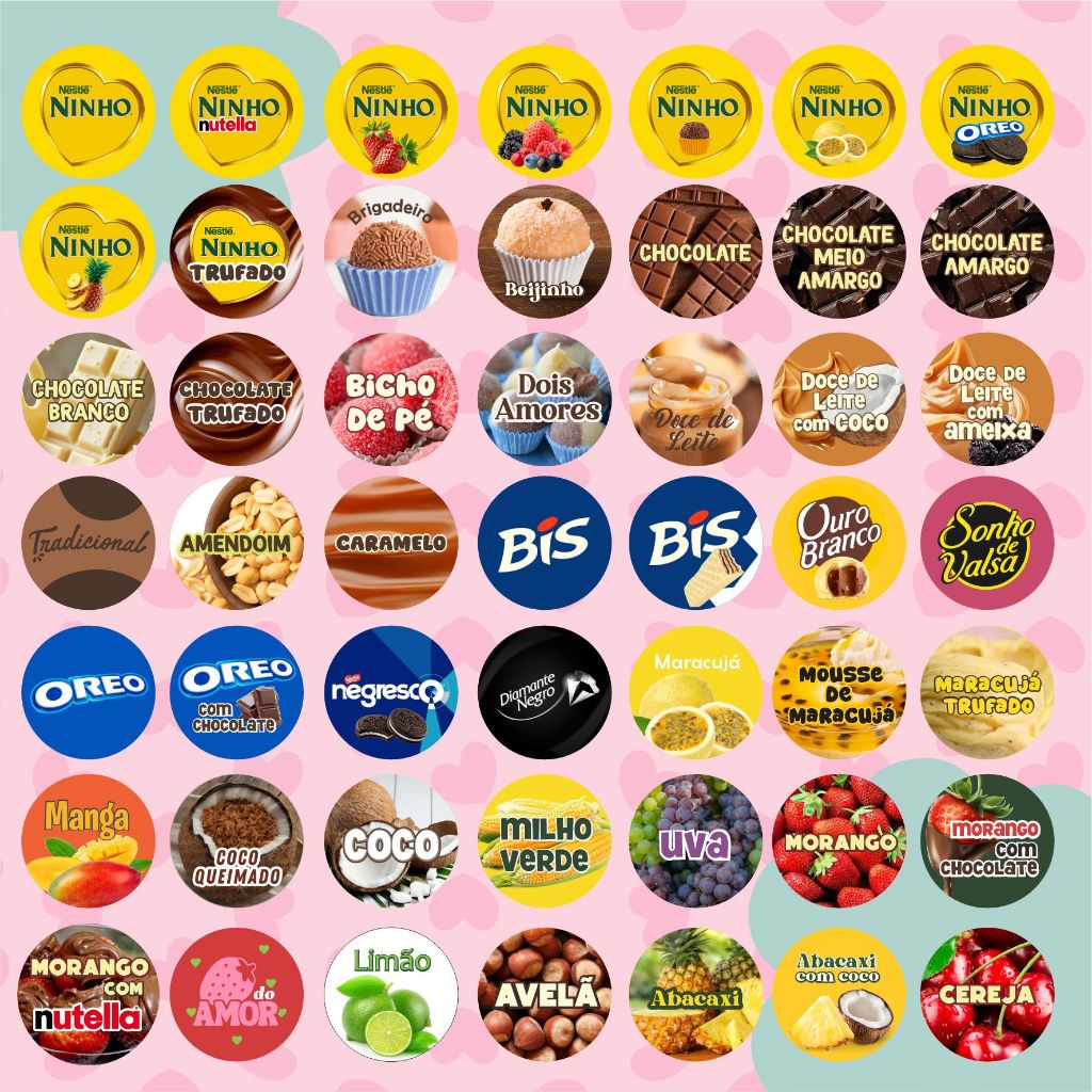 40 ETIQUETAS ADESIVAS TAMANHO 3x3cm – Sabores para Trufas e Cones - Ninho com Nutella, Brigadeiro, Prestígio, etc.