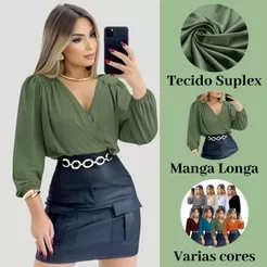 BLUSA FEMININA MANGA LONGA,FRANZIDO DECOTE V em Tecido Suplex