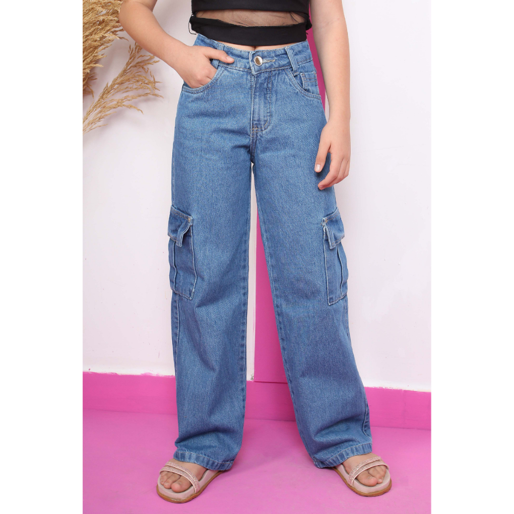 Calça cargo wide leg jeans infantil juvenil pantalona 10 ao 16