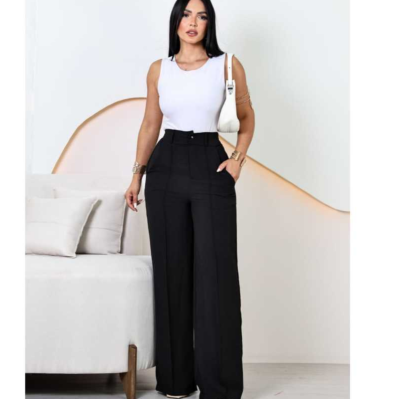 Calça Feminina Pantalona Tecido Duna Wide Leg com Bolso é Botão Cintura Alta Tendencia 2025