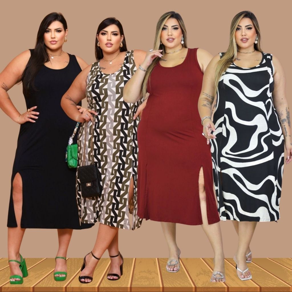 Vestido Midi Regata Plus Size Curve Curvy Com Fenda Tendência em Oferta na Shopee