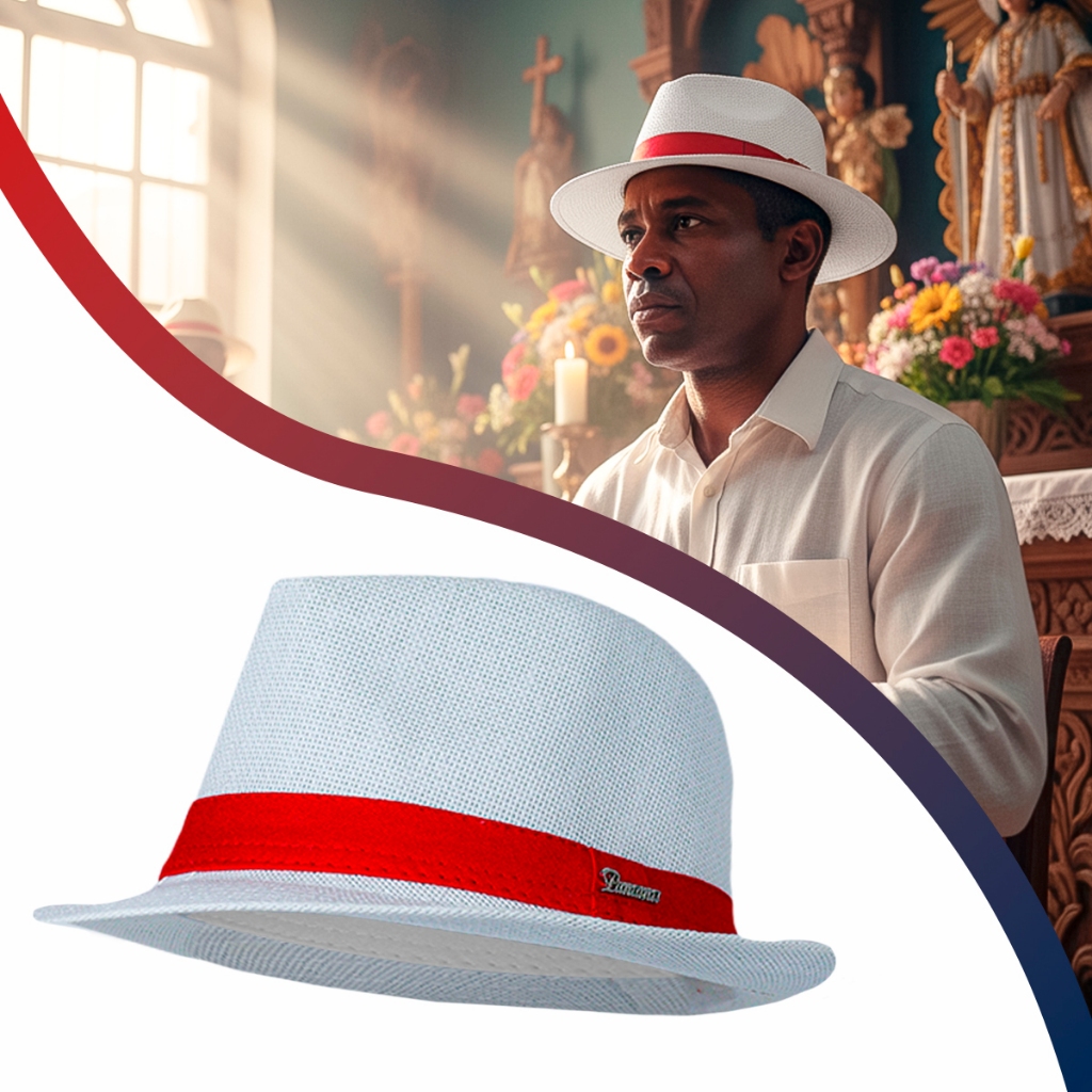 Chapéu Panamá Branco Com Fita Zé Pilintra Umbanda Candomble Aba Pequena Vermelha Axé Exu candomblé