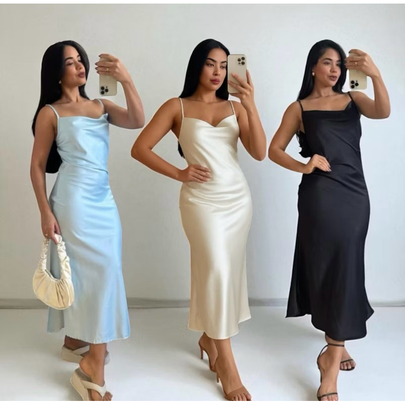 Vestido Midi Feminino Cetimcom Elastano - Moda Elegante Alça Fina Regulável Tendência em Oferta na Shopee