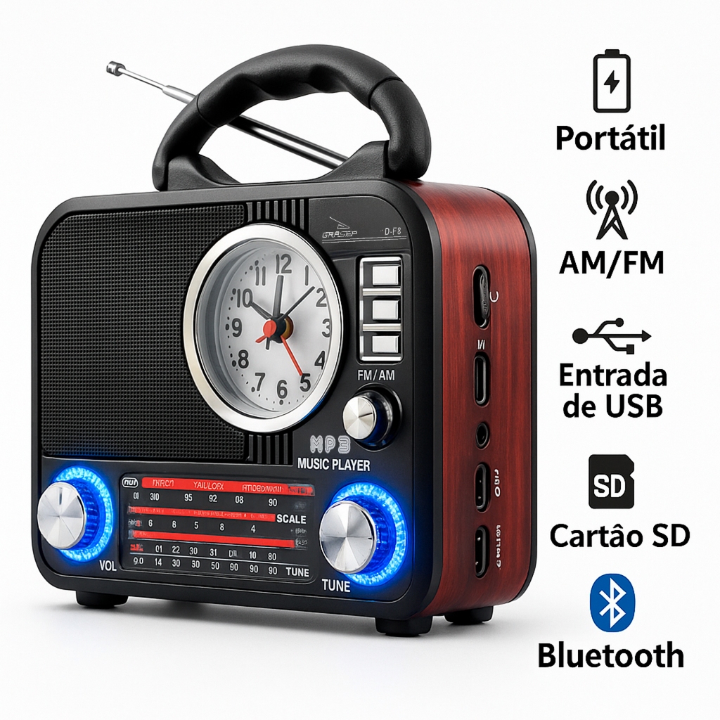 Rádio Retro Vintage Premium Am Fm Usb Aux Sd Bluetooth Recarregável Antena Analogico Luxo em Oferta na Shopee