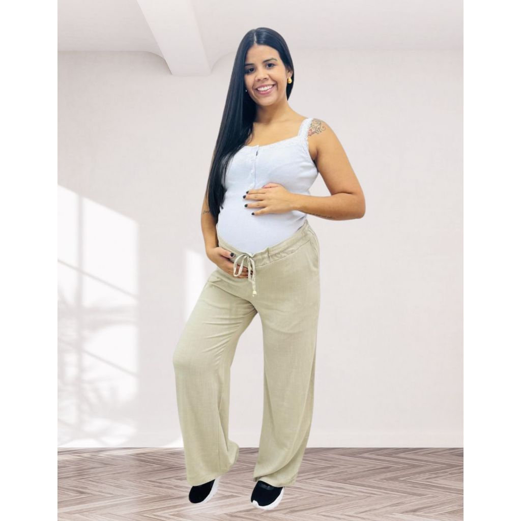 Calça Gestante Pantalona Grávida Soltinha Com Cós Ajustavel