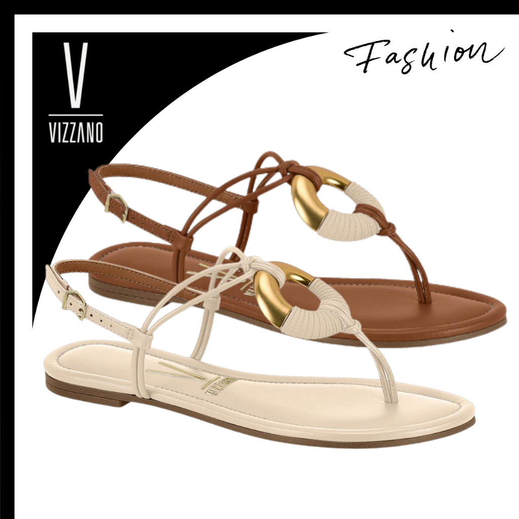 Sandália Rasteira Vizzano Flat Casual Argola Dourada Feminina Fivela Tiras Finas Conforto Dia a Dia