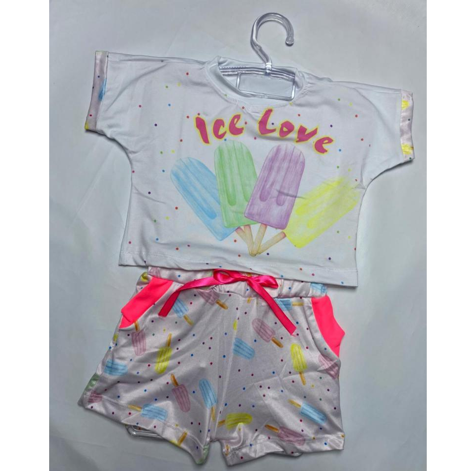 Blusa e Short Infantil de Menina 4 ao 8 Conjunto Feminino Colorido Estampado de Verão 2025