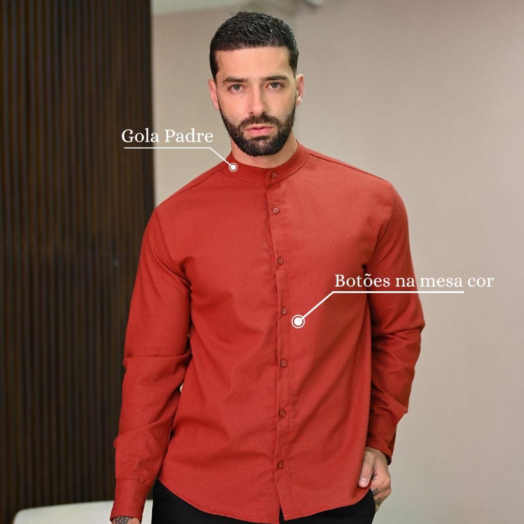 Camisa social masculina  gola padre linho botões na mesma cor luxo moda leve atemporal