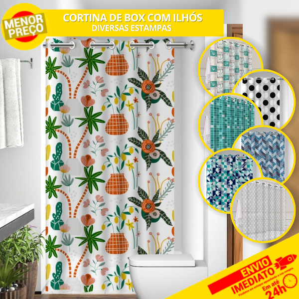 Cortina de Box para Banheiro c/ Ilhós Anti Mofo Resistente Alta Qualidade 100% PVC - Várias Estampas em Oferta na Shopee