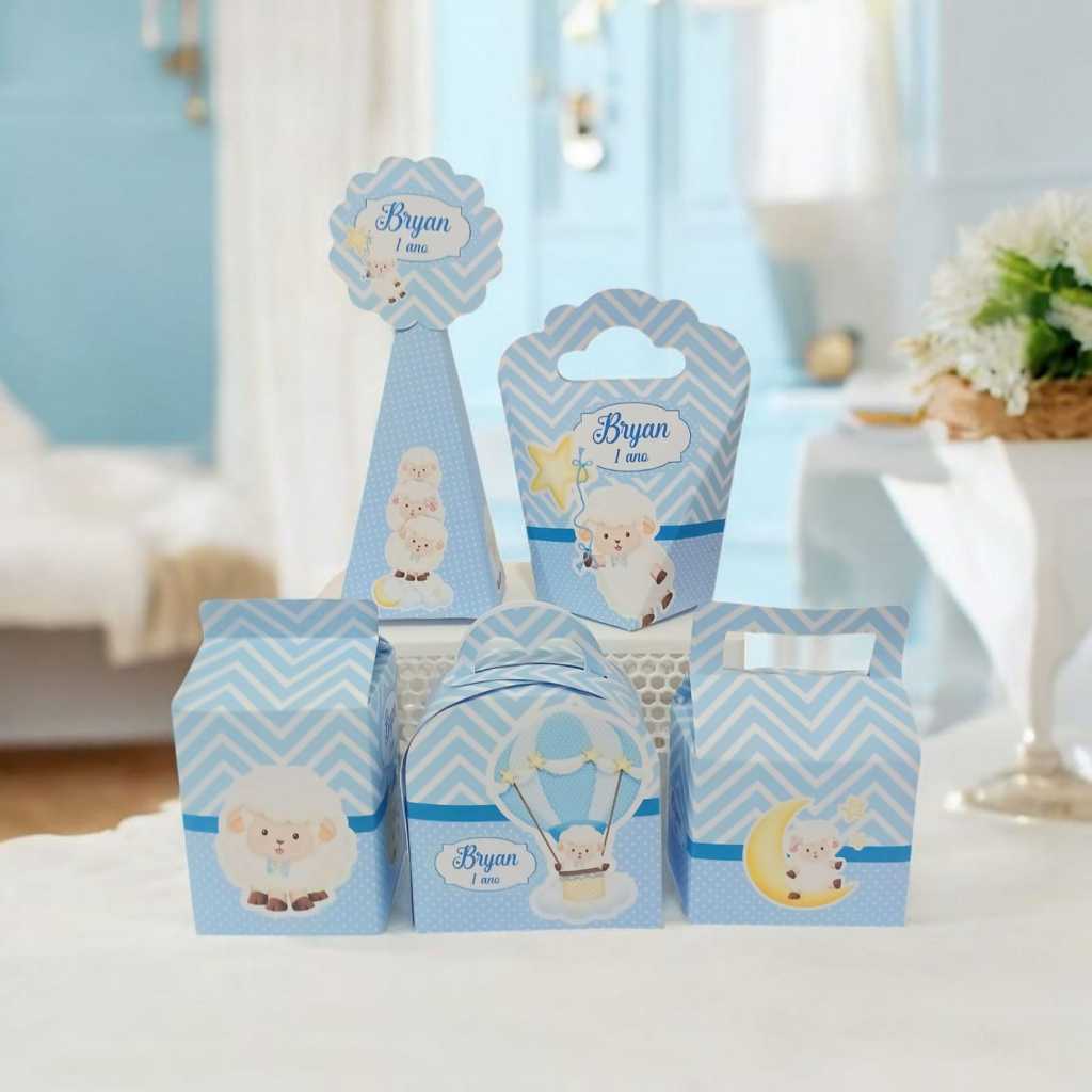 Kit Caixinhas Personalizadas Ovelhinha Azul Festa Aniversário Lembrancinhas