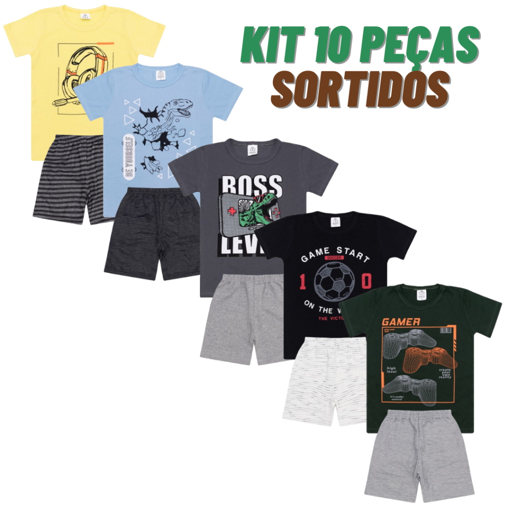Kit 10 Peças Infantil Masculino Menino camiseta short 5 Conjuntos Roupas Infantil 2 ao 14 Sortidos