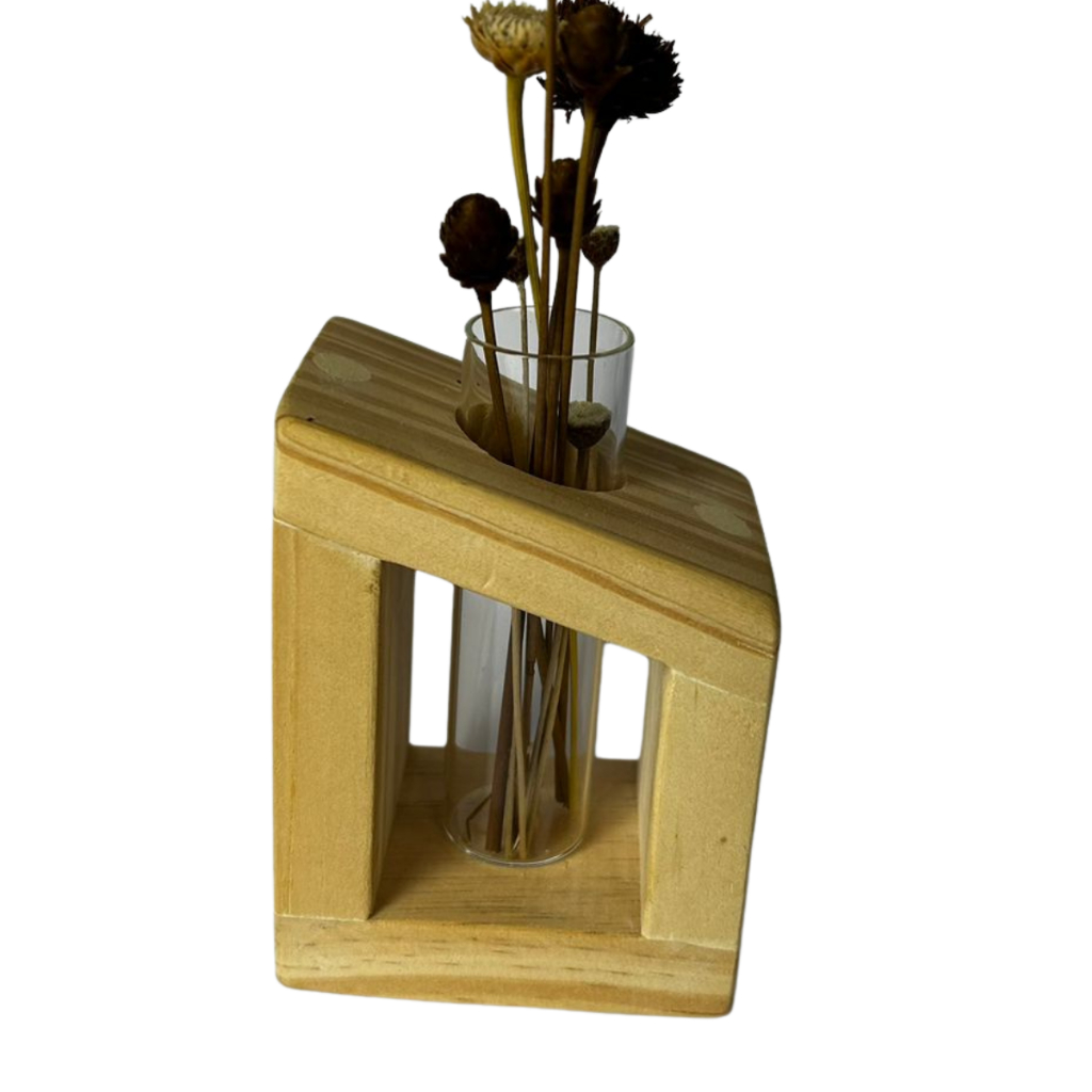 Tubo Flower Em Pinus Natural Com Tubo de Vidro Mini Vaso De Planta