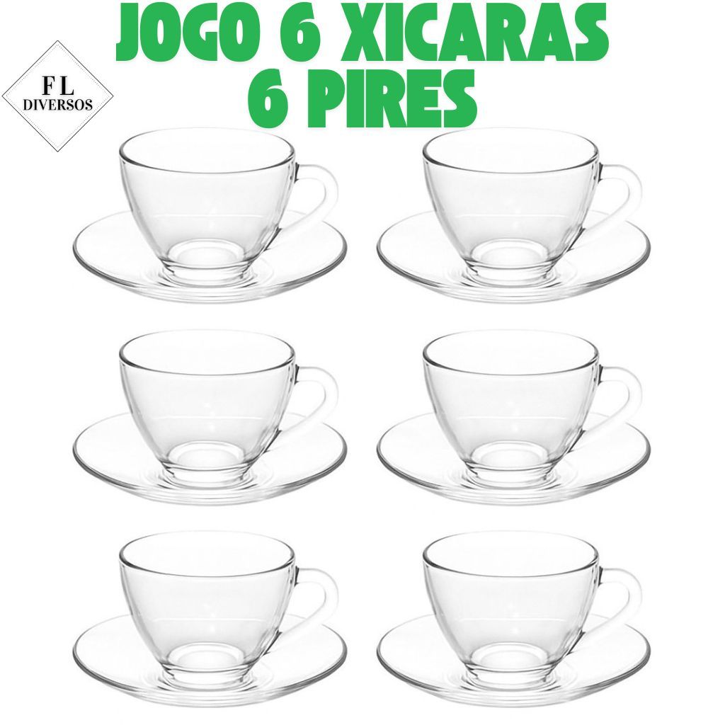 Jogo 6 Xícaras Café Com Pires Chá De Vidro Incolor 230ML em Oferta na Shopee
