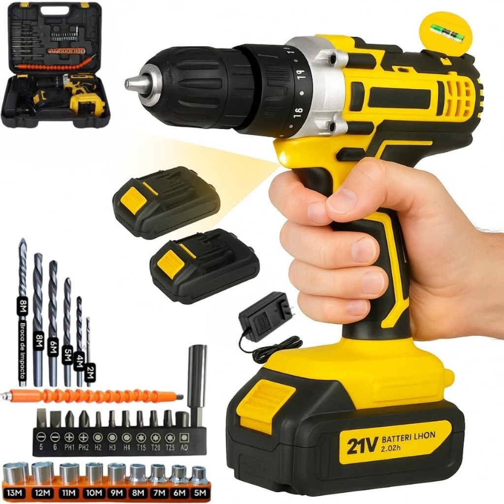 Furadeira e Parafusadeira de Impacto Sem Fio 21V com LED, 2 Baterias Recarregáveis Bivolt e 32 Acessórios