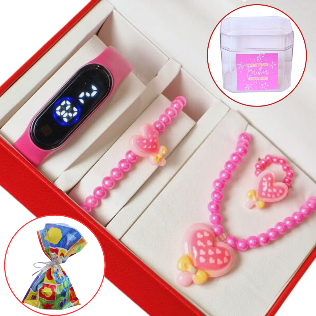 Kit Relógio digital Infantil de Led + Conjunto de Colar, pulseira e anel miçangas Lindo