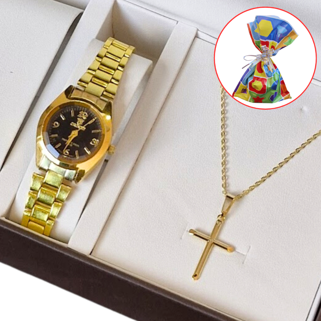 Relógio de Pulso Infantil Adulto Minimalista Aço Dourado Analógico Menino e Menina mandrake + Colar Cruz Folheado a Ouro em Oferta na Shopee
