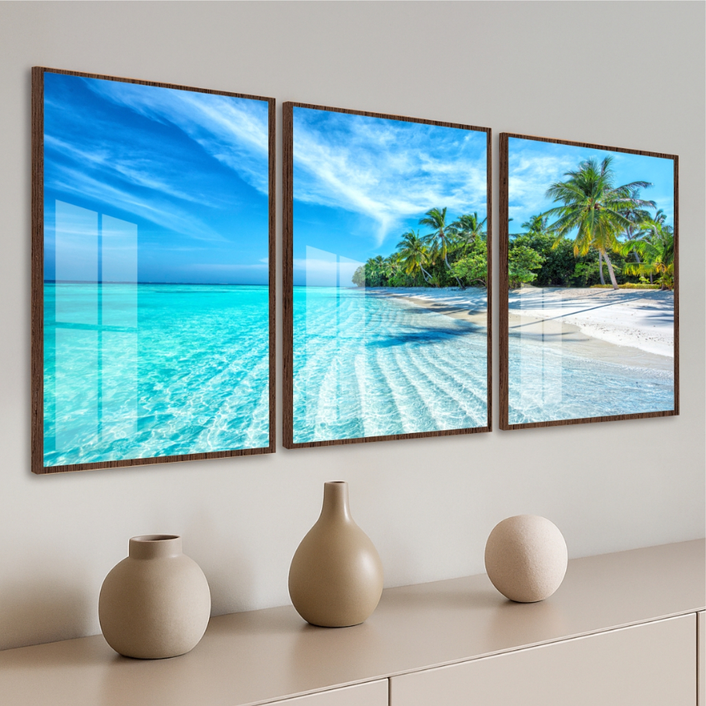 Quadro Moldura e Vidro Kit 3 Peças Grandes Paisagem Praia Céu Azul Decoração Quarto Sala Escritório