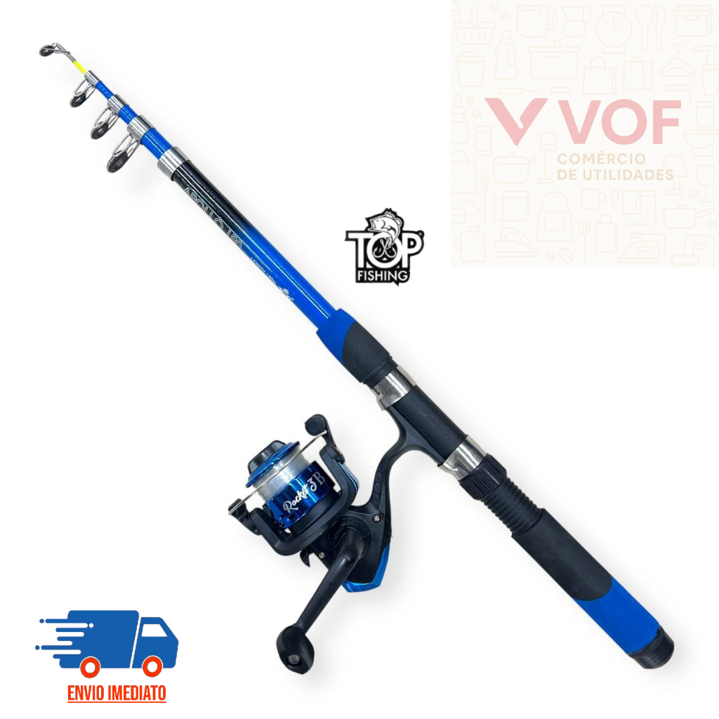 Kit De Pesca 1 Vara Telescópica Apollo Azul 1,80 cm + 1 Molinete Rocket Com Linha