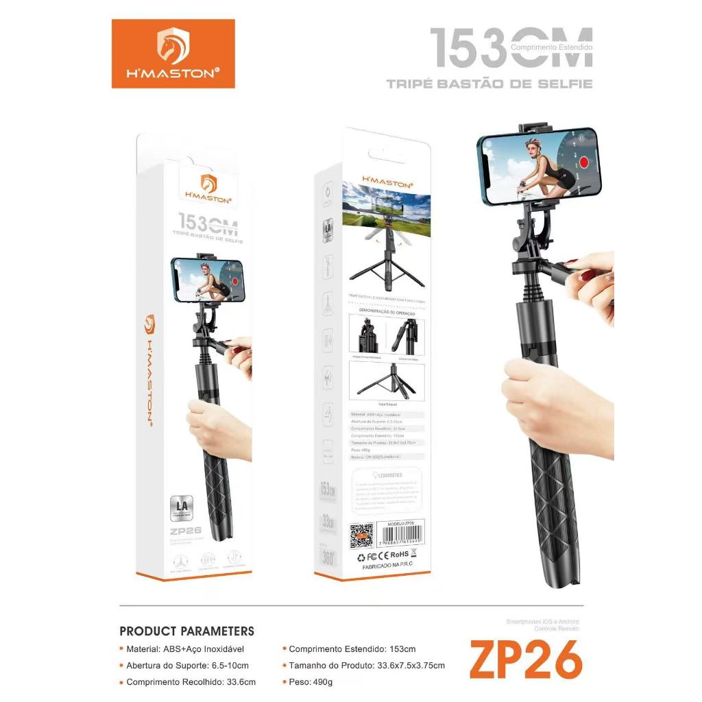 H'maston ZP26 Tripé Bastão De Selfie Comprimento Estendido 153cm Smartphones IOS e Android controle Remoto